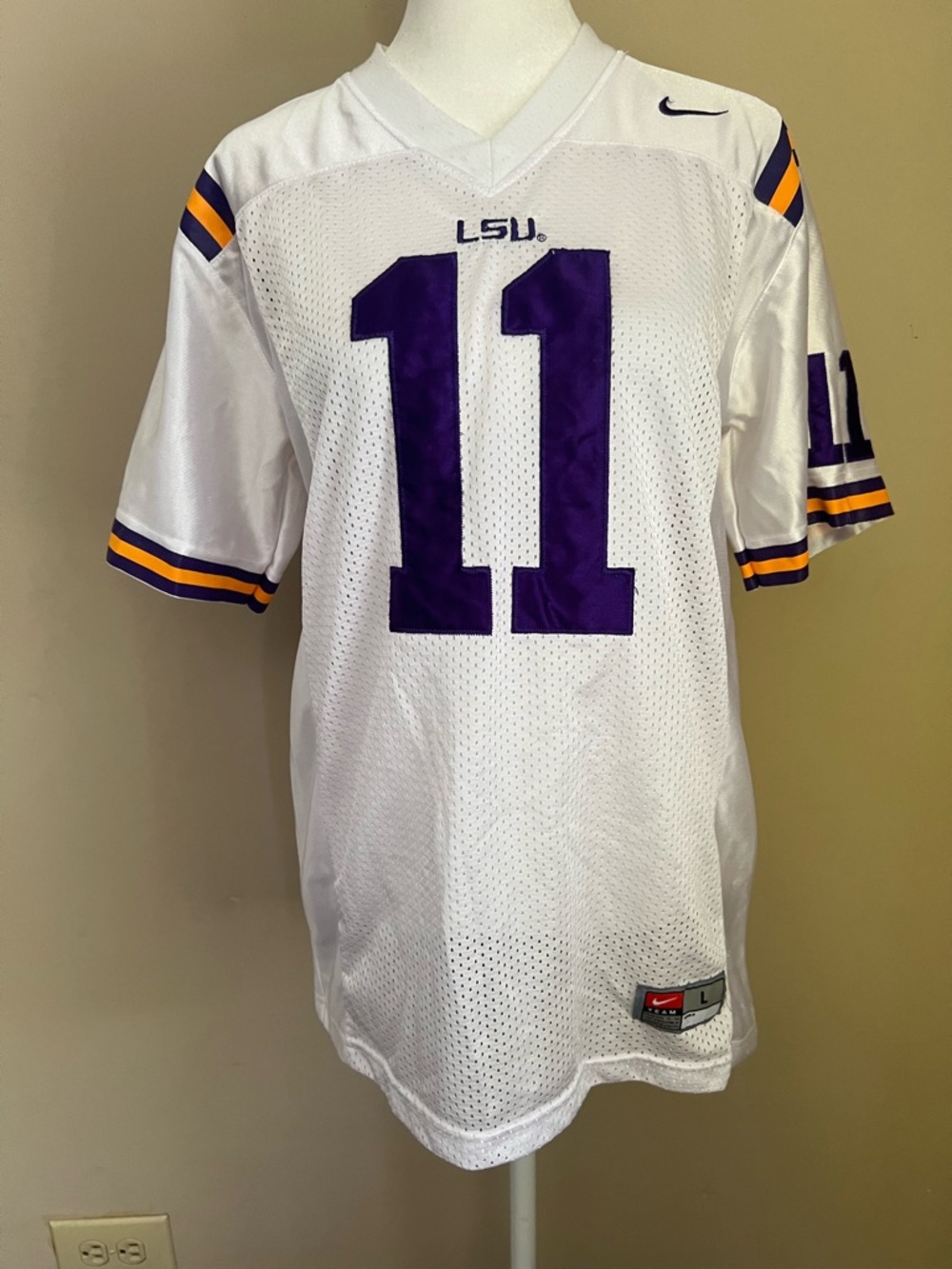 Nike White LSU #11 Football Jersey with Purple and Gold Accents